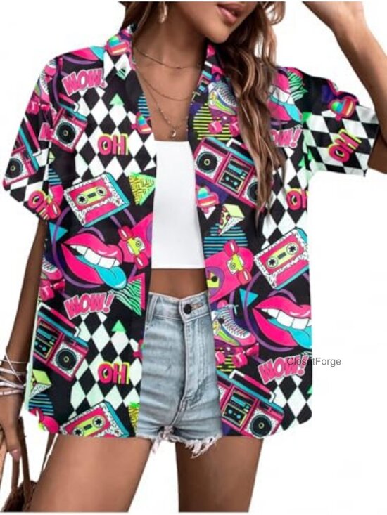 Tops - 80s 90s Retro Vintage Disco Party Blouse Button Down Top